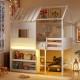 Loft bed with integrated ladder and ample under-bed space in white, featuring LED lights and interactive window for.