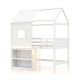 Twin size loft bed in white with a roof and window, featuring a secure ladder and integrated bookshelf for kids’ rooms.