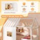 Twin size loft bed in white with interactive window, LED lights, and integrated bookshelf for kids' playful bedroom.