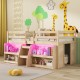 Twin size loft bed in natural wood with LED lights, staircase, safety guardrail, and under-bed storage for kids' rooms.