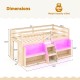 Twin size loft bed with LED lights, staircase, safety guardrail, and dimensions for optimal space and storage.