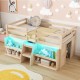 Twin size loft bed with LED lights, staircase, safety guardrail, and under-bed storage for kids' rooms.