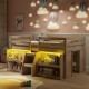 Twin size loft bed with LED lights and safety guardrail, featuring a cozy design and two wide steps for easy access.