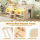 Twin size loft bed in natural wood with LED lights, staircase, safety guardrail, and under-bed storage for kids.