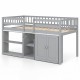 Side view of twin size gray loft bed with wide ladder, guardrails, and spacious under-bed area for kids' play and.