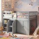 Twin size gray loft bed with LED lights, bookshelves, and wardrobe for kids' storage and play space.