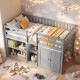 Twin size loft bed in gray with LED lights, bookshelves, and wardrobe for kids' storage and play area.