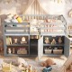 Twin size loft bed in gray with LED lights, featuring under-bed storage and shelves for toys and books in a kids' room.