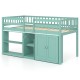 Twin size loft bed in green with LED lights, bookshelves, and wardrobe for kids' storage and play space.