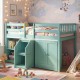 Twin size loft bed in green with LED lights, bookshelves, and wardrobe for kids' room organization and play space.
