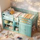 Twin size loft bed in green with LED lights, featuring bookshelves and wardrobe for kids' storage and organization.