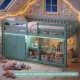 Twin size loft bed in green with LED lights, featuring shelves and wardrobe for kids' organization and play space.