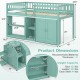 Twin size loft bed in green with LED lights, featuring bookshelves and wardrobe for kids' organization and storage.
