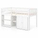 Twin size white loft bed with LED lights, guardrails, bookshelves, and wardrobe for kids' storage and play space.