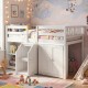 Twin size loft bed in white with LED lights, featuring under-bed storage, bookshelves, and a sturdy wooden frame.