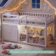 Twin size loft bed in white with LED lights, featuring under-bed storage and bookshelves for kids' organization.