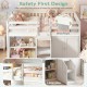 Twin size loft bed in white with LED lights, safety guard rails, and ample storage for kids' books and toys.