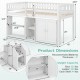 Twin size loft bed in white with LED lights, shelves, and wardrobe for kids' organization and secure sleeping.