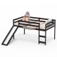 Twin size low sturdy loft bed in dark brown with slide, ladder, and guardrails, perfect for children's safety and play.