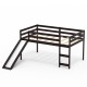 Twin size low sturdy loft bed in dark brown with slide, made of durable wood and chipboard, ideal for children's safety and play.