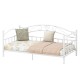 Twin size metal daybed frame in white with heart-shaped design, featuring floral bedding and pillows for cozy bedroom.