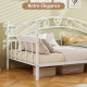 Twin size white metal daybed frame with heart-shaped decoration, featuring cozy cushions and ample under-bed storage.