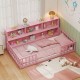 Twin size pink Montessori floor bed with integrated bookcase, perfect for kids' playtime and cozy resting.
