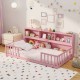 Montessori twin size floor bed in pink with integrated bookcase, perfect for kids' playtime and cozy sleeping.