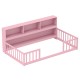 Twin size Montessori floor bed in pink with integrated bookcase, promoting independence and providing ample storage.