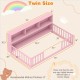 Twin size Montessori floor bed in pink with integrated bookshelf, designed for kids' independence and safety.