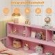 Pink integrated bookshelf showcasing organized storage for books, toys, and ornaments, part of a twin size Montessori.