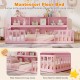 Twin size Montessori floor bed in pink with bookcase, featuring wide entrance and fence rails for child safety and.