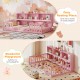 Twin size Montessori floor bed in pink with integrated bookcase, perfect for cozy resting and playful adventures.