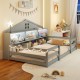 Twin size Montessori floor bed in gray with storage, house shape design, and LED lights for kids' play and sleep.