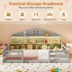 Twin size Montessori floor bed in gray with storage headboard and shelves, ideal for kids' sleeping and play areas.