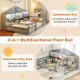 Twin size Montessori floor bed in gray with storage, featuring a house shape design for sleeping and play.