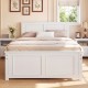 Twin size platform bed frame in white with headboard, featuring underbed storage and sturdy plywood slats for support.