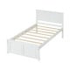 Twin size platform bed frame in white with headboard, solid wood structure, and underbed storage space for organization.