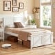 Twin size platform bed frame with headboard in white, featuring underbed storage and sturdy plywood slats for stability.