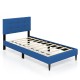 Twin size upholstered platform bed in blue with button tufted headboard and sturdy wooden slats for bedroom or dorm use.