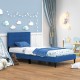 Twin size upholstered platform bed in blue with button tufted headboard, perfect for bedrooms or guest rooms.