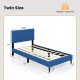 Twin size upholstered platform bed in blue with button tufted headboard, featuring solid wooden slats and under-bed.