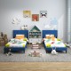 Twin size upholstered platform beds in blue with button tufted headboards, perfect for children's bedrooms or guest.