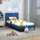 Twin size upholstered platform bed in blue with button tufted headboard, perfect for bedrooms and guest rooms.