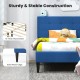 Twin size upholstered platform bed in blue with button tufted headboard and solid wood legs, ideal for bedrooms and.