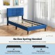 Twin size upholstered platform bed in blue with button tufted headboard and solid wooden slats for bedroom or dorm use.