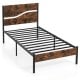 Twin metal bed frame with rustic wooden headboard and footboard, featuring durable slats and ample under-bed storage.