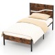 Twin metal bed frame with rustic wooden headboard, featuring reinforced legs for stability and noise-free sleeping.