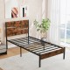Twin metal bed frame with rustic wooden headboard and footboard, featuring durable slats and ample under-bed space.