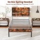 Twin metal bed frame with rustic wooden headboard, no box spring needed, supports 8" to 12" mattress thickness.